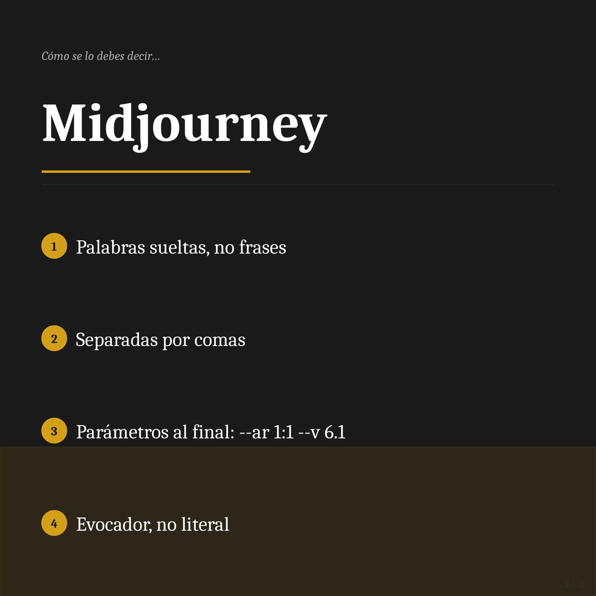 kicovidal's tweet photo. 🎨 Midjourney habla telegráfico.

Palabras sueltas, comas, sin verbos.
Parámetros al final: --ar 1:1 --v 6.1
Si le escribes frases, te ignora.

@midjourney 
#Midjourney #Prompts https://t.co/hvC1cQ2u0y