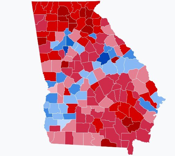 KJVPopulist's tweet photo. Georgia at the end of the Obama era (R+8), vs the end of the Trump era (R+2) https://t.co/XfS3CqwYr3