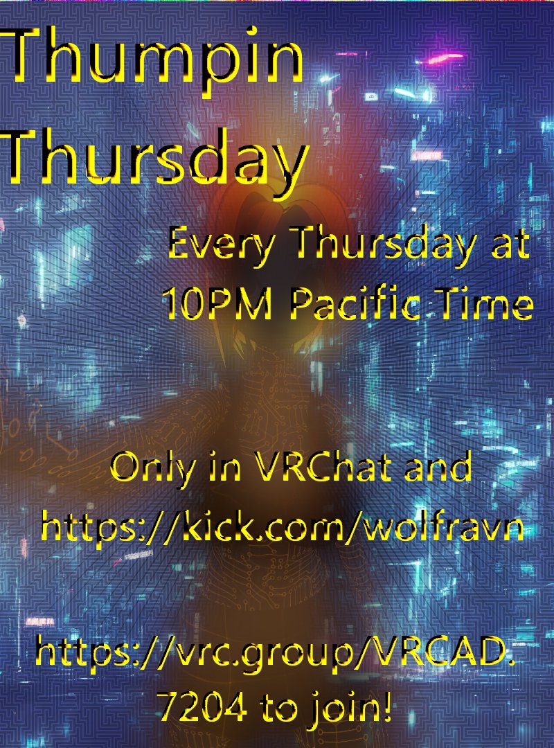 WolfRavnStudios's tweet photo. Tonight in #vrc we doin the Thumpin Thursday thing again!  Come bump tunes with me!  #industrial #goth #vtuber #twitch #kick ! https://t.co/n5VEbqb9xR