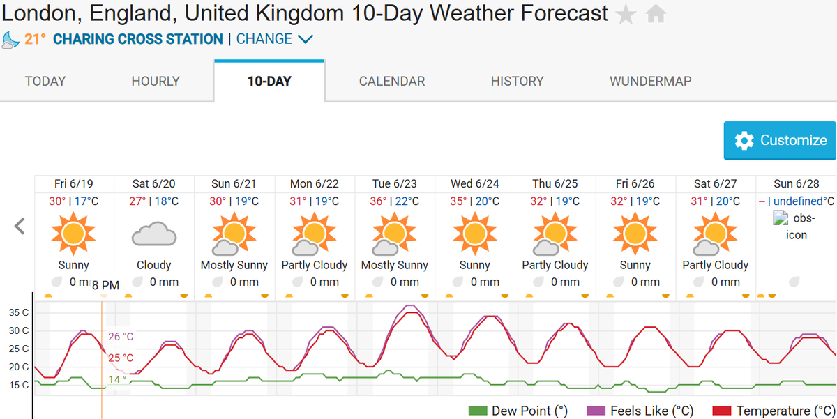 NickJF75's tweet photo. Get ready to roast for the next 10 days if you live in London and inland SE England - bar Saturday, could be 30C+ everyday - Tuesday could be the June max temp record challenger, but the day may change. 🥵 https://t.co/0LqxC74niq