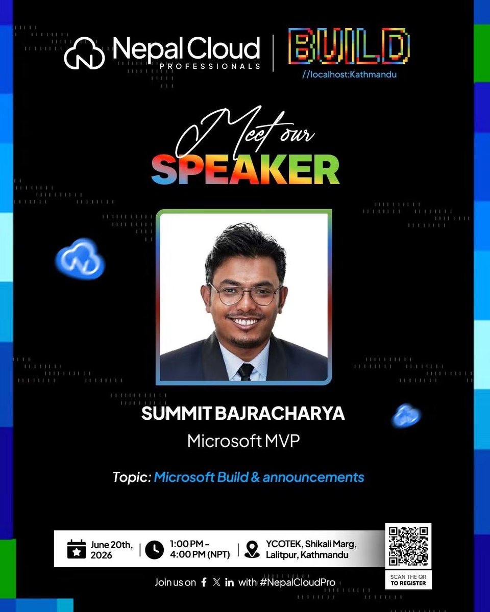 NepalCloudP's tweet photo. 🚀#MSBuildKathmandu Join Microsoft MVPs @PradeepKandel &amp; @Summit Bajracharya as they unpack top #MicrosoftBuild highlights- AI, Azure &amp; more shaping the future of tech.
📅 June 20 | ⏰ 1 PM (NPT) 📍 Ycotek 🎟️ Free (Limited seats): https://t.co/xC9MHv5XV9
#NepalCloudPro https://t.co/KsPlb5An7N