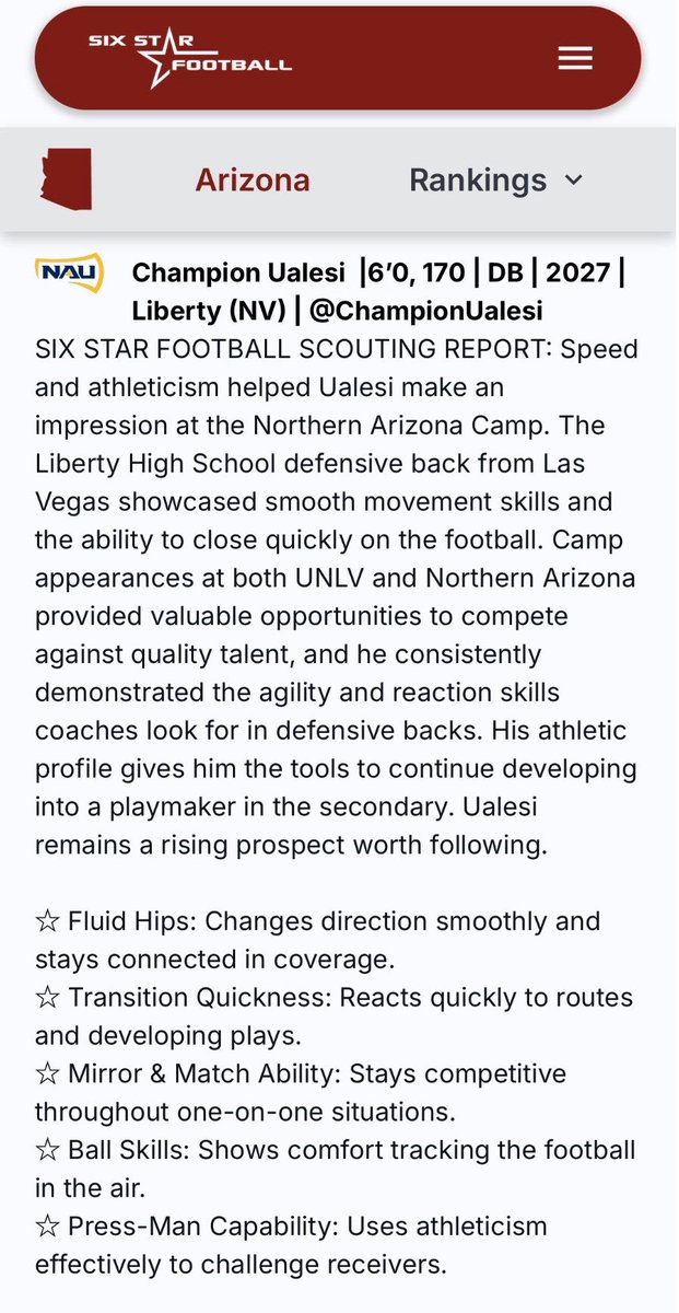 ChampionUalesi's tweet photo. Blessed to be featured by Six Star Football! Appreciate the recognition and all the coaches who have helped with my development ! @sixstarfootball @CoachTankP @Coachbwright4 @TimRoschmann @CoachRodBrown @CoachTDG @tannerjstphns https://t.co/klVGN10g35
