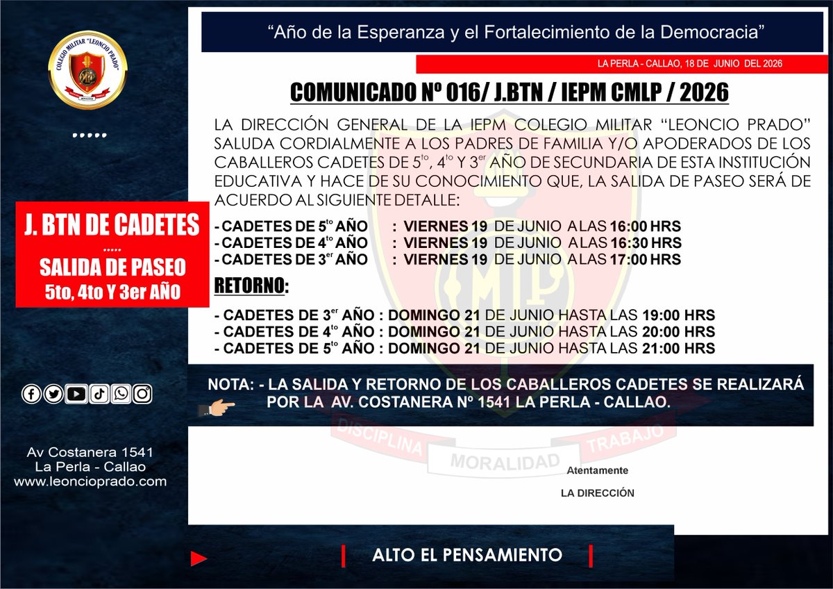cmlp_web's tweet photo. SALIDA DE PASEO - 19 DE JUNIO 2026 
La IEPM Colegio Militar “Leoncio Prado” saluda cordialmente a los padres de familia y/o apoderados de los caballeros cadetes de 5to, 4to y 3er año de esta institución educativa y hace de su conocimiento que, la salida de paseo será: https://t.co/mpA4deuVov