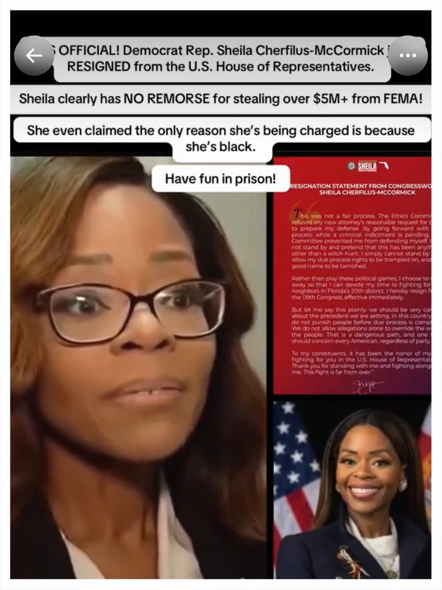 ToscaAusten's tweet photo. She’s back. It was all a big mistake.

Politically motivated, she says.

Sheila Cherfilus-McCormick resigned from Congress just before an expulsion vote.

Federal prosecutors indicted her. 

She allegedly bought a $109,000 3.14 carat diamond ring with FEMA disaster, relief funds. 💍

The ring gained national attention when it was digitally removed from her official portrait in a Christmas social media post.

The House Ethics Committee found multiple violations.

Even so…

She maintains her innocence. 

She's running again.👀

At what point does "accountability" become a campaign slogan?🤔