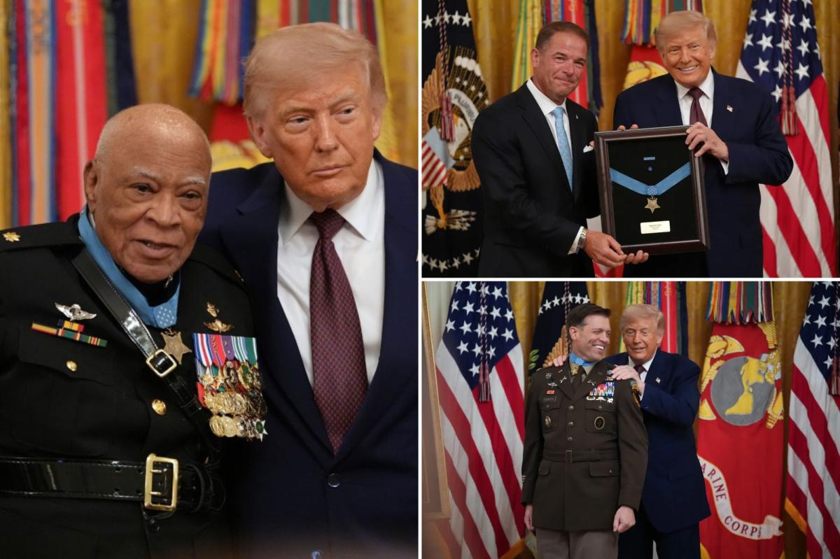 nypost's tweet photo. Trump honors 3 war heroes at White House ceremony, helps 88-year-old Vietnam vet receive his medal https://t.co/gP27LfuONz https://t.co/zPojGoZKSq