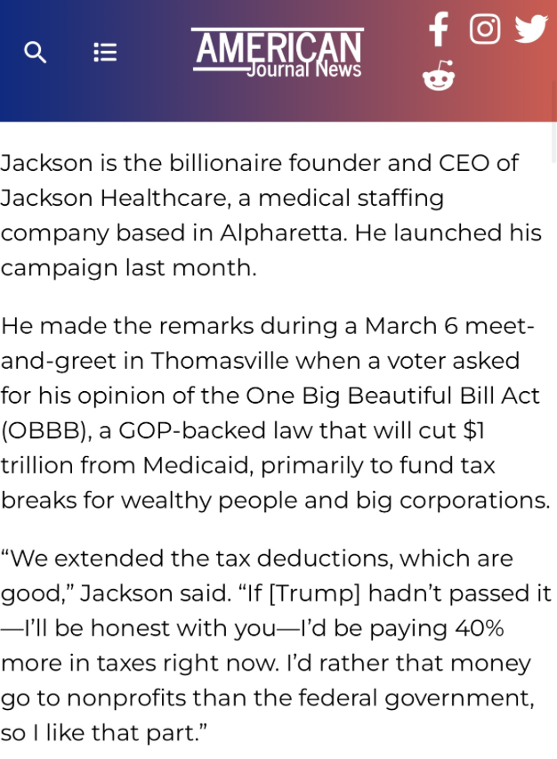 GeorgiaDemocrat's tweet photo. Billionaire @RickJacksonGA won’t do a thing to lower your healthcare costs.

He dismisses it as a “bumper sticker” issue.

But he’s the same guy who admitted to supporting Trump’s plan to gut Georgians’ health care because it lowered his own taxes.

Rick — this you? 🫣🤔 https://t.co/fybmK1AHuf