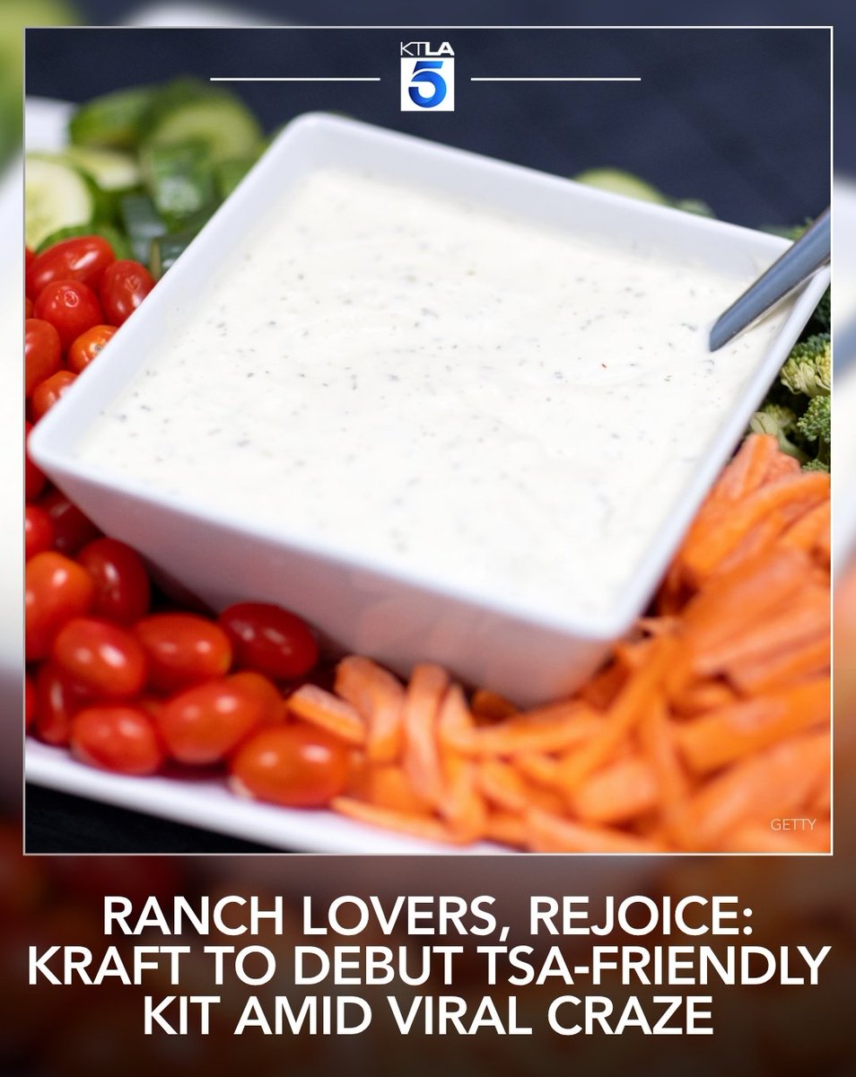 KTLA's tweet photo. Kraft is leaning into international soccer fans’ newfound obsession with ranch dressing, announcing plans to debut a limited-edition “Kraft TSA‑Compliant Ranch” kit aimed at travelers who apparently don’t want to leave the United States without the condiment. https://t.co/KUFLMjj5eh