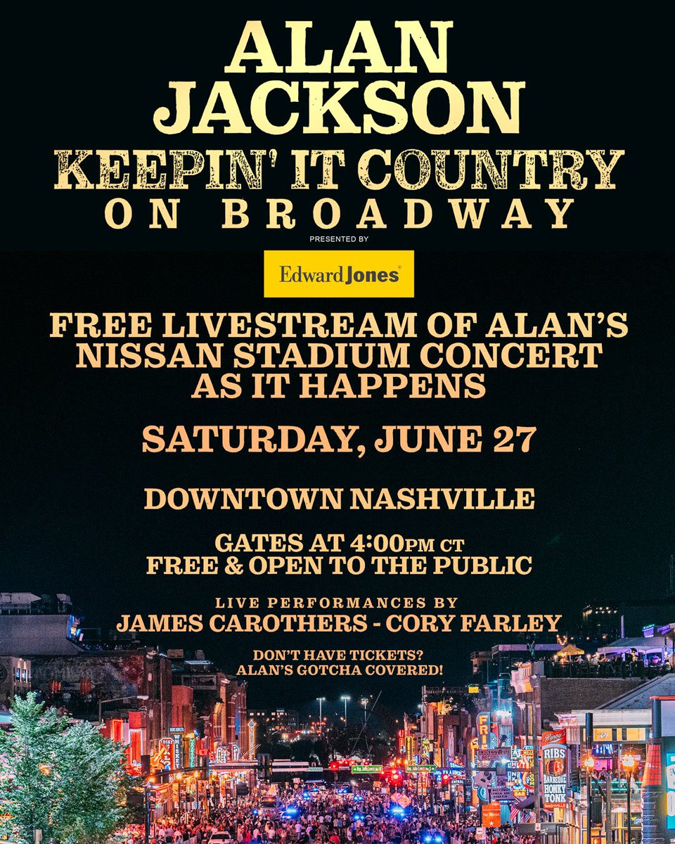 OfficialJackson's tweet photo. Broadway’s gonna be "Keepin’ It Country" on June 27. 🤠

Come gather with us for a free livestream of Alan's sold-out Last Call: One More for the Road – The Finale concert, presented by @EdwardJones. We can't wait to see y'all there! https://t.co/1JQoj0kn9K
