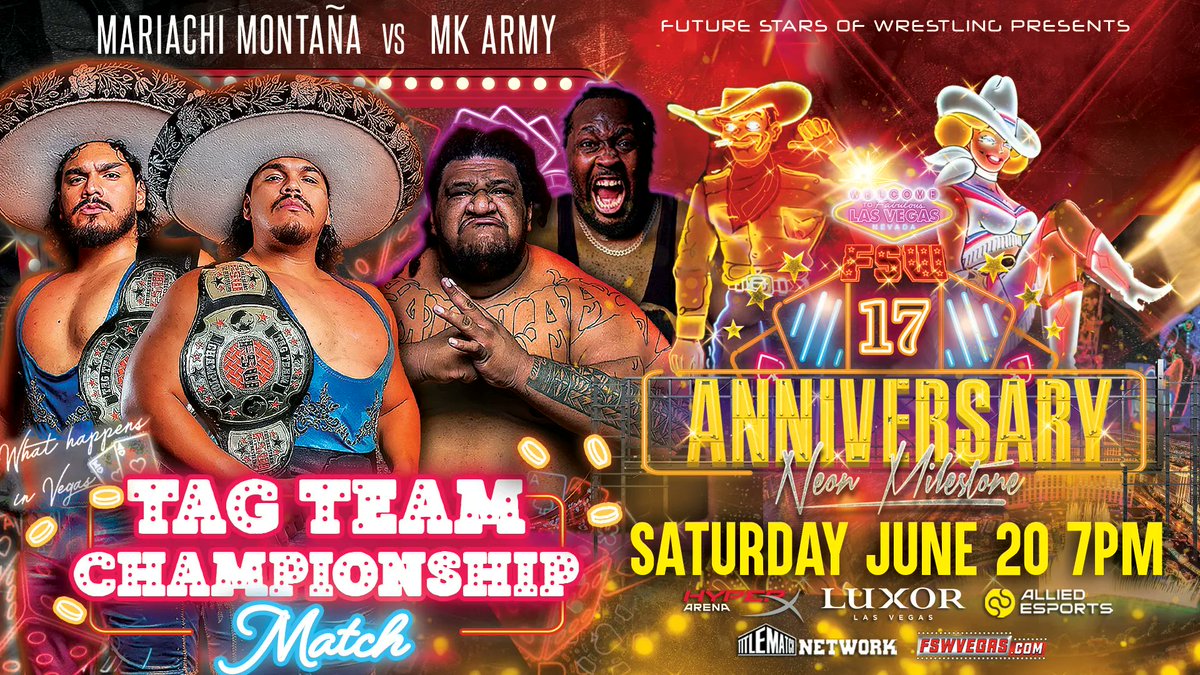 FSWVegas's tweet photo. ⚔️ FSW 17 Anniversary 
🗓 This Saturday, June 20, 7PM
🖥 LIVE on @TitleMatchWN
📍 @HyperXArena, #LasVegas

𝙏𝙖𝙜 𝙏𝙚𝙖𝙢 𝘾𝙝𝙖𝙢𝙥𝙞𝙤𝙣𝙨𝙝𝙞𝙥 
Mariachi Montaña 
VS
MK Army

🎟 Ticket link in bio! https://t.co/cq2xUpYfAK