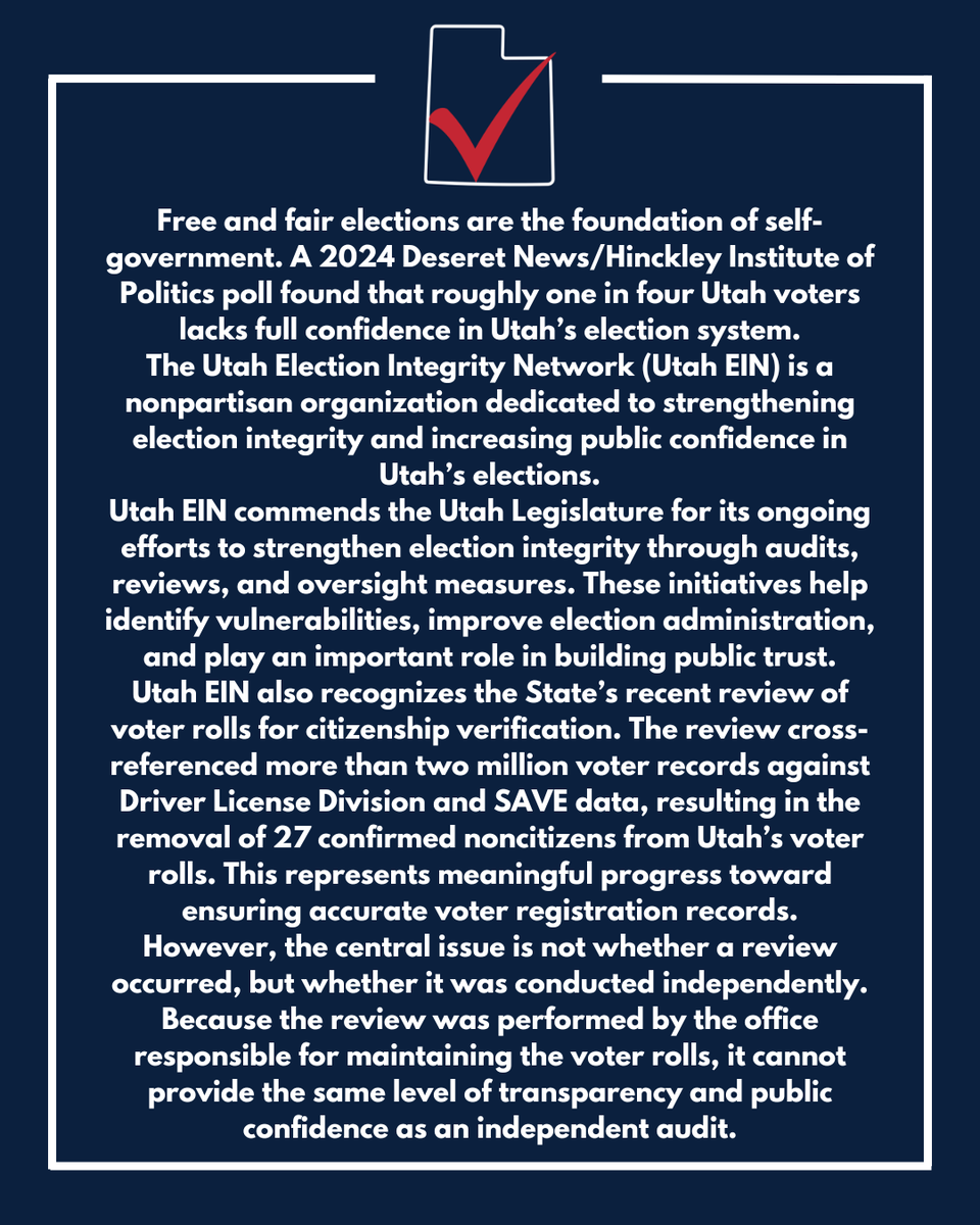 Utah_EIN's tweet photo. 1 in 4 voters in Utah lack confidence in our elections. 

Something isn't right. 

Below is how we plan to restore public trust. https://t.co/RmPCRYJRNe