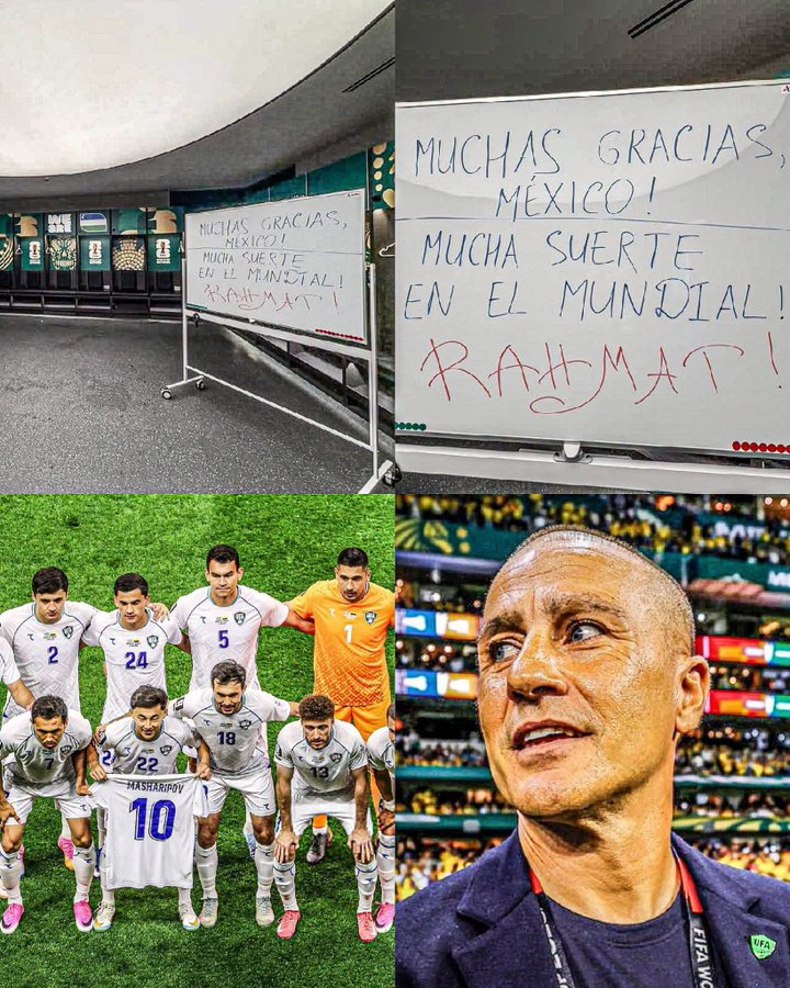 ReporteYa's tweet photo. #18Jun #Mundial2026 #Uzbekistán #FairPlay
Tras su debut mundialista ante Colombia, la selección de Uzbekistán dejó el vestuario del Estadio Azteca completamente limpio y escribió un mensaje de agradecimiento a México. El gesto de deportividad fue destacado en redes sociales. https://t.co/3cEg7TxIni