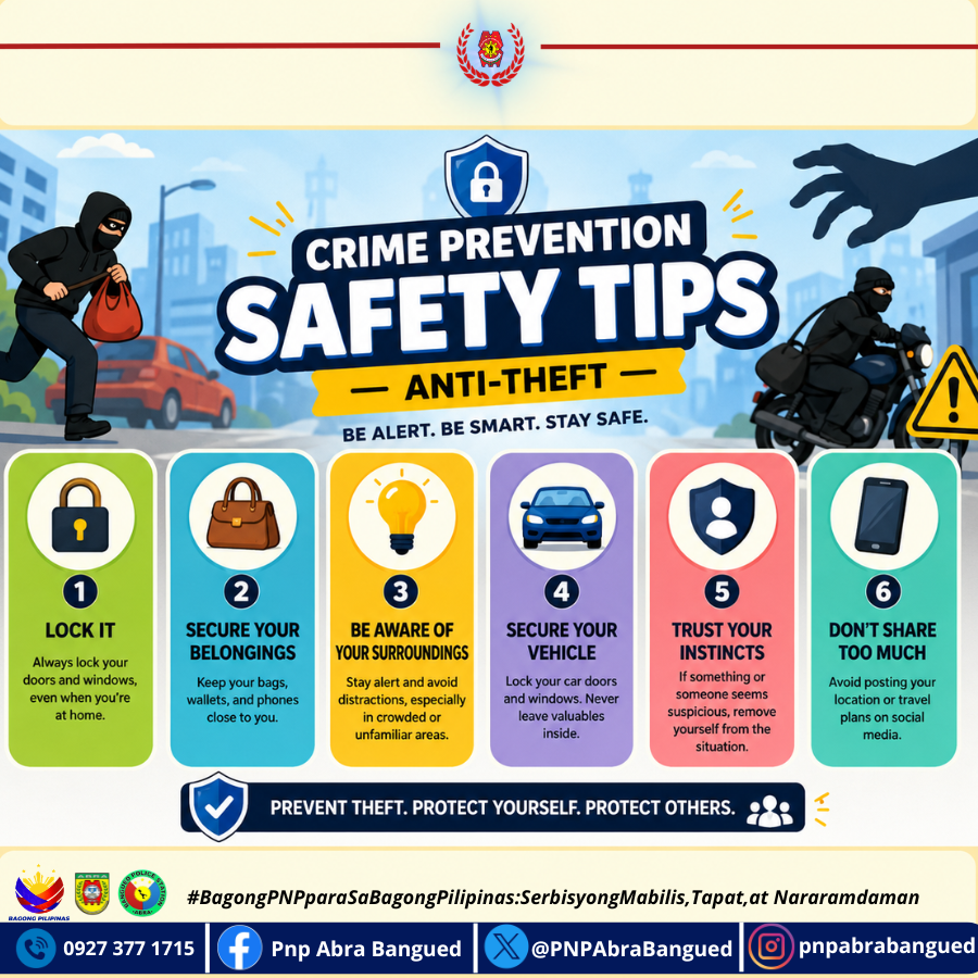 PNPAbraBangued's tweet photo. CRIME PREVENTION SAFETY TIPS
#procar
#BagongPNPparasaBagongPilipinasSerbisyongMabilisTapatatNararamdaman
#ToServeandProtect
#banguedmps_abrappo https://t.co/qlqmoSGBXx