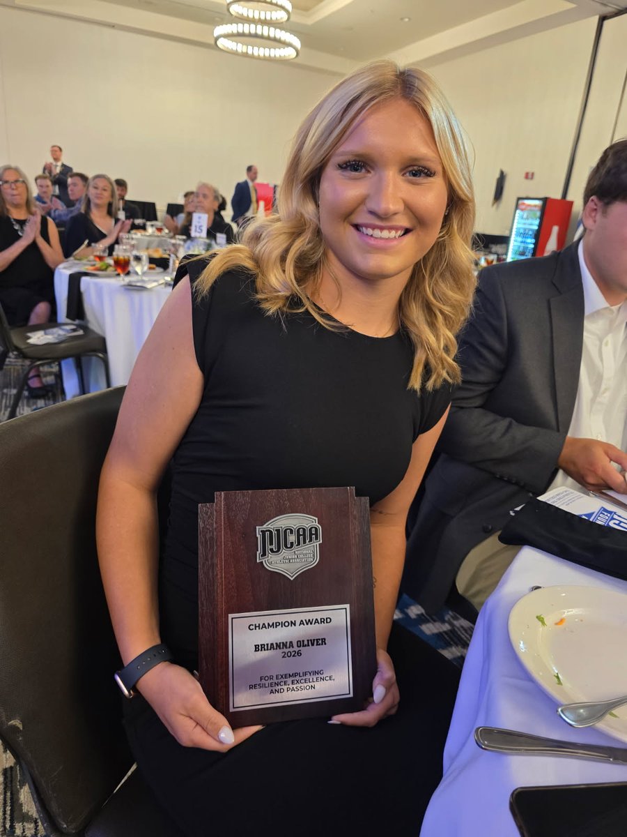 acccathletics's tweet photo. Congratulations to Brianna Oliver of @NWSCC_SB on receiving the 2026 NJCAA Champion Award at the @njcaa Awards and Hall of Fame Banquet.

Oliver, also a volunteer firefighter, exemplifies extraordinary leadership, service, character and commitment to making a difference beyond competition.

Thank you Brianna for representing @NWSCC, @NWSCC_Athletics, and the @acccathletics to the highest degree. ##MoreThanAGame #MadeToMove