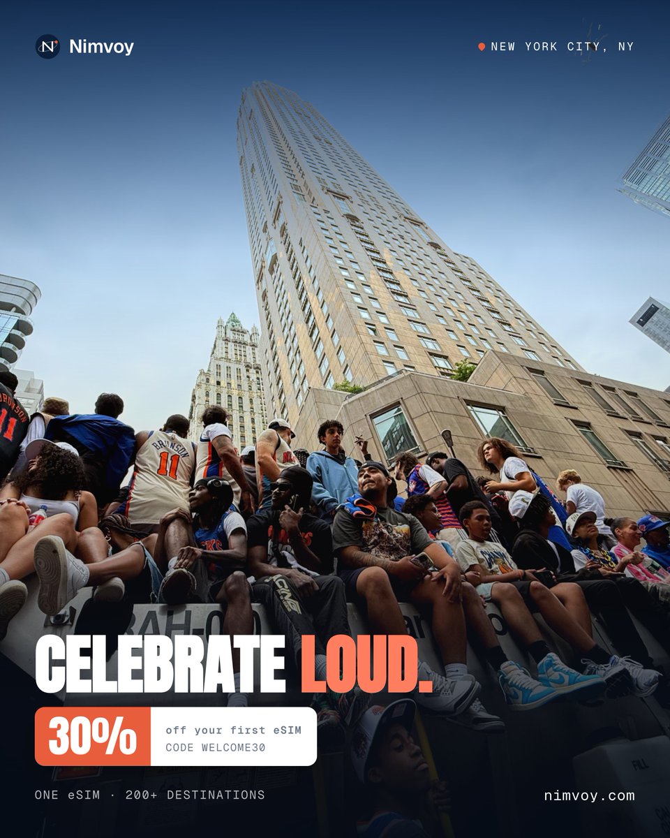 Nimvoy's tweet photo. There's nothing like New York when it celebrates.

The city showed up. 🧡💙 So did we.

🎉 To mark the moment, take 30% off your eSIM with code WELCOME30. 

https://t.co/eQWglu4WbU

#Knicks #KnicksNation #ChampionshipParade #CanyonOfHeroes #NYC #eSIM #StayConnected #Nimvoy https://t.co/3fuK4EaN5L