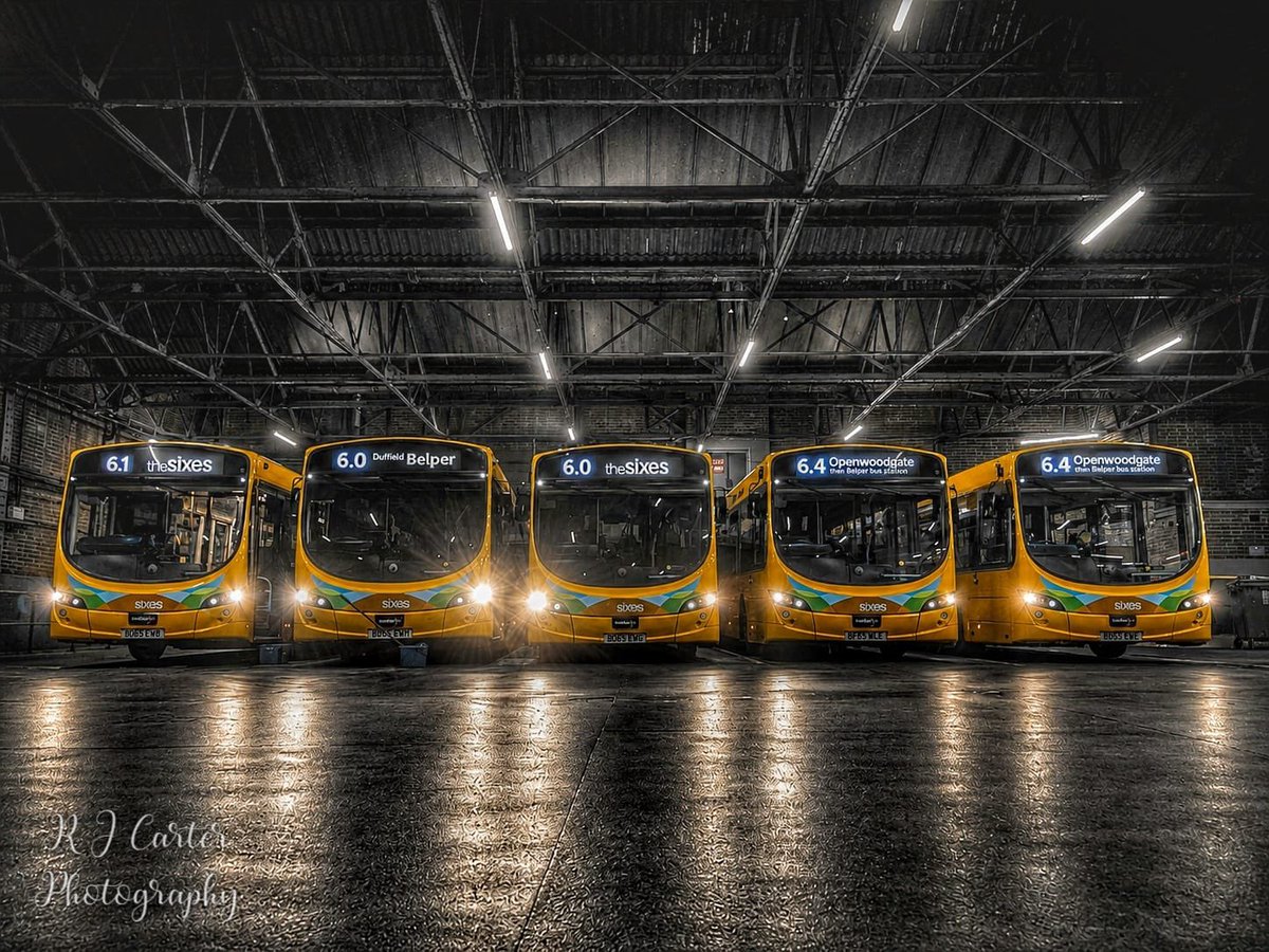 jackyeoman2016's tweet photo. our rollout of newer Volvo B8s on the sixes is well underway &amp; we’re super excited for a summer of the sixes! ☀️😎

Rob, one of the sixes team, captured this awesome line-up shot at Belper Bus Garage this evening! 📸 https://t.co/NtdqVSndep