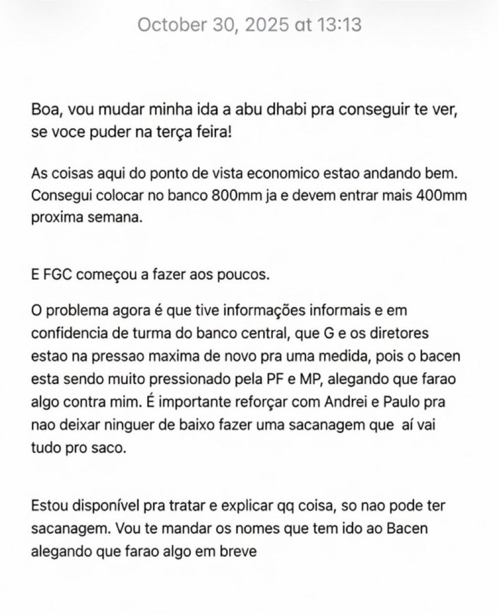Maxcardoso's tweet photo. Aí está o print do bloco de notas da conversa de Vorcaro com um locutor desconhecido pedindo para avisar ao Andrei Rodrigues e ao Paulo Gonet que não deixem “ninguém de baixo fazer uma sacanagem que aí vai tudo pro saco”. https://t.co/FhixllhRm5