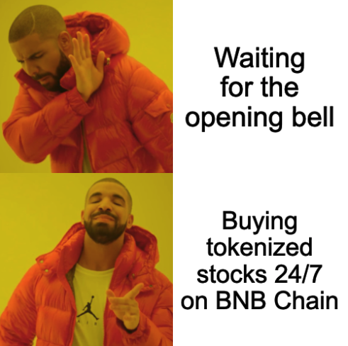 BNBCHAIN's tweet photo. Tokenized stocks, your way. 

Multiple platforms, one chain. 

Trade equities onchain 24/7 on BNB Chain https://t.co/vkEEmaoYEG