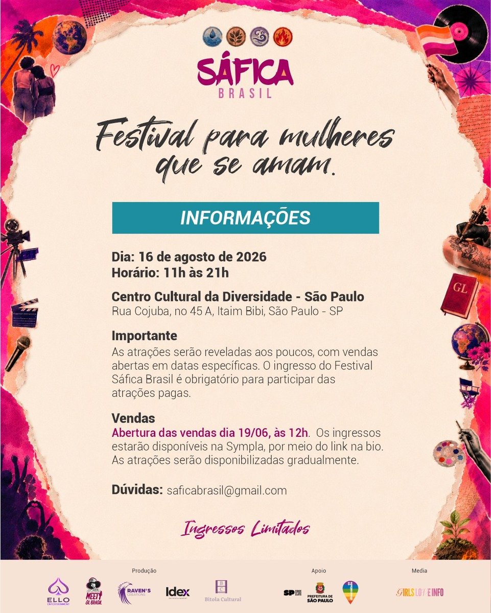 E1loBrasil's tweet photo. 🚨 As atrações do #FestivalSaficaBrasil começam a ser reveladas!

🏳️‍🌈 Um fim de semana imerso em cultura sáfica, universo de fandoms, experiências exclusivas e muita diversidade.

🎟️ Ingressos: R$ 15
🗓️ Vendas a partir de 19/06 no Sympla (link na bio)

E aí, vai ficar de fora? 👀 https://t.co/5Hspbi2qRu