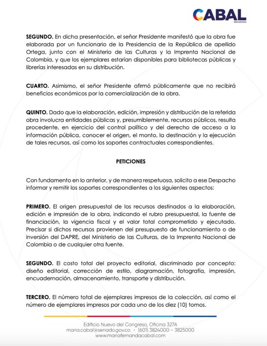 Horadelaverdad's tweet photo. La senadora María Fernanda Cabal @MariaFdaCabal  radicó un derecho de petición ante el DAPRE para pedir explicaciones sobre los 10 tomos de “Las palabras del cambio” del presidente Gustavo Petro.

Solicitó información sobre el origen de los recursos, el número de ejemplares impresos, la empresa encargada y el costo total del contrato.