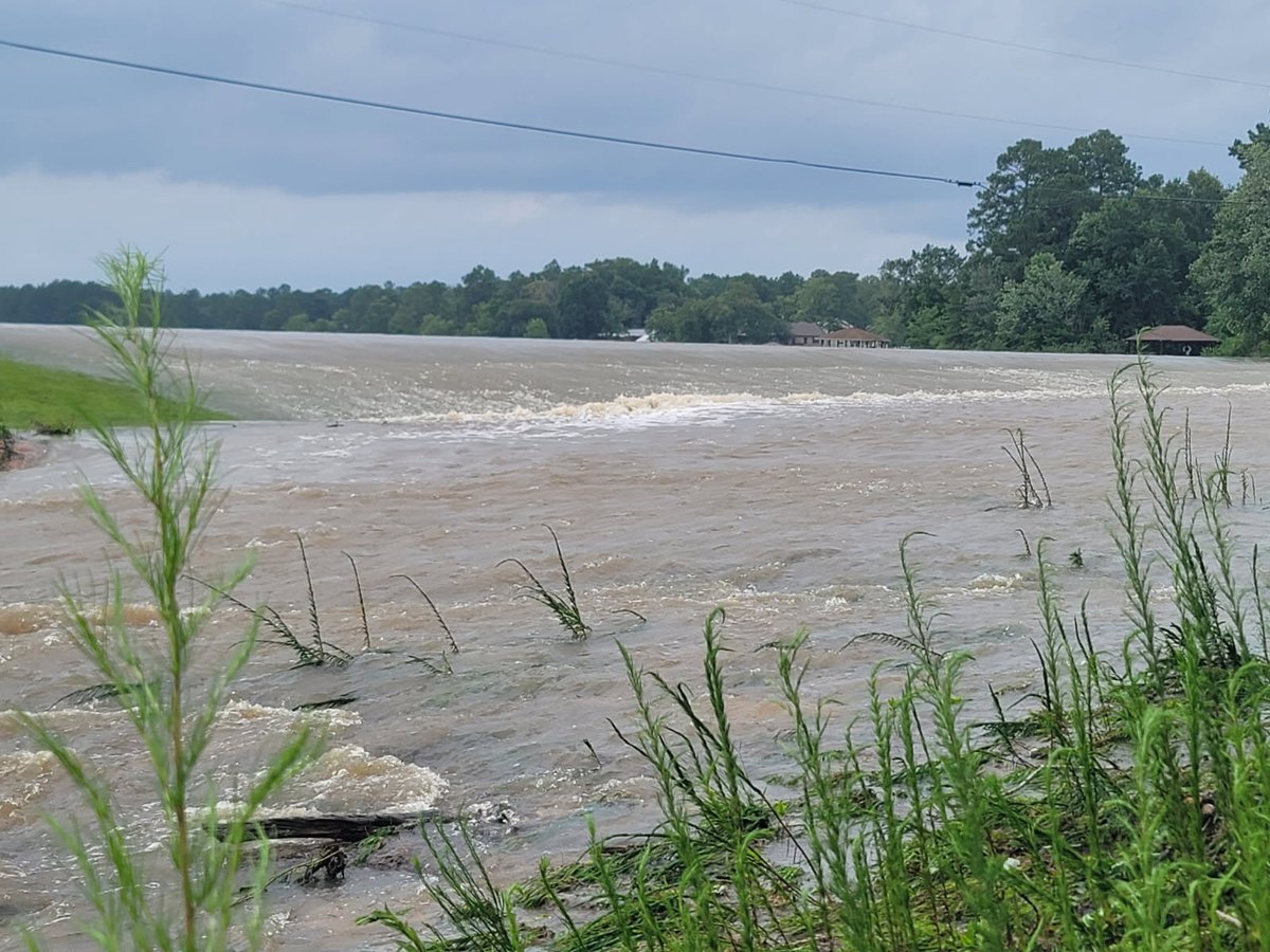 MSEMA's tweet photo. MEMA is on scene at the dam at Anchor Lake in Pearl River County. At this time, according to MDEQ, the dam has not been breached and is functioning as designed in a high-water event. Water is currently receding at the lake.  Approximately 30 homes have been evacuated as a precautionary measure.