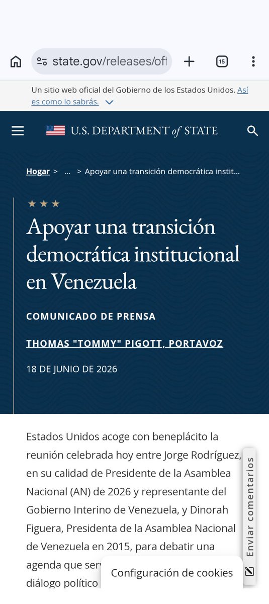 LuzMelyReyes's tweet photo. Habló el Gran Jefe 

18 de junio de 2026

Estados Unidos acoge con beneplácito la reunión celebrada hoy entre Jorge Rodríguez, en su calidad de Presidente de la Asamblea Nacional (AN) de 2026 y representante del Gobierno Interino de Venezuela, y Dinorah Figuera, Presidenta de la Asamblea Nacional de Venezuela en 2015, para debatir una agenda que servirá de hoja de ruta para un diálogo político sobre una transición democrática.   

Estados Unidos entiende que esta agenda incluye prioridades clave como la reconstrucción de las instituciones democráticas de Venezuela, el fortalecimiento del CNE, el restablecimiento de garantías duraderas para la participación política y la garantía de las libertades cívicas esenciales para un discurso político abierto. 

Estados Unidos apoya este diálogo liderado por la Asamblea Nacional de 2015, la última entidad democráticamente elegida y reconocida internacionalmente en Venezuela, y el Gobierno Interino. Este es un primer paso en un proceso reflexivo para asegurar una sociedad venezolana libre y abierta. 

La piedra angular de cualquier transición democrática es el diálogo inclusivo. Esperamos que en las próximas semanas continúen las conversaciones entre los partidos políticos venezolanos y el Gobierno Interino en Caracas para dar inicio formalmente a su labor.

Estados Unidos respalda un proceso centrado en el importante trabajo técnico necesario para que este proceso funcione para todos los involucrados, representando los intereses del pueblo venezolano. Esa es la única manera de que Venezuela tenga un futuro más democrático y próspero