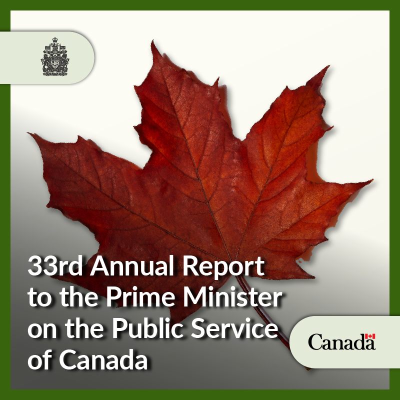 A red maple leaf. Text: 33rd Annual Report to the Prime Minister on the Public Service of Canada.