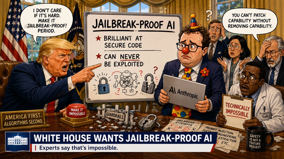 tonysimons_'s tweet photo. The White House wants Anthropic to make Fable 5 jailbreak-proof before it comes back online.

Anthropic says perfect jailbreak resistance is not currently possible.

Security experts agree.

So now the fight is legal, technical, political, and deeply stupid. https://t.co/71LHpwvsQ0