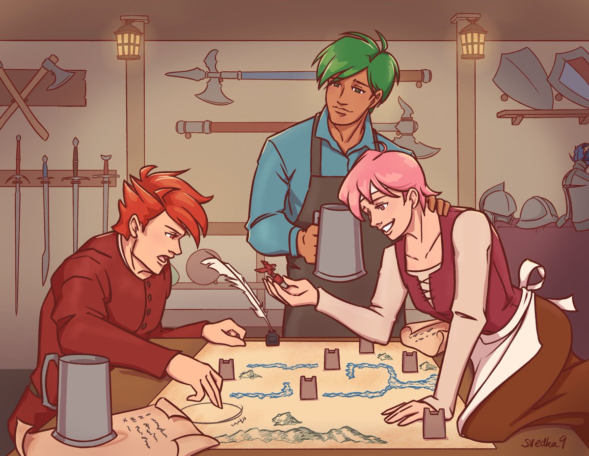 valteshan's tweet photo. Second piece I did for this zine. In Prologue VII of FE12, you get either Cain or Est as the boss depending on your dialogue choices, so I like to imagine them planning the map together 🥰 https://t.co/TVOTsKkkMZ