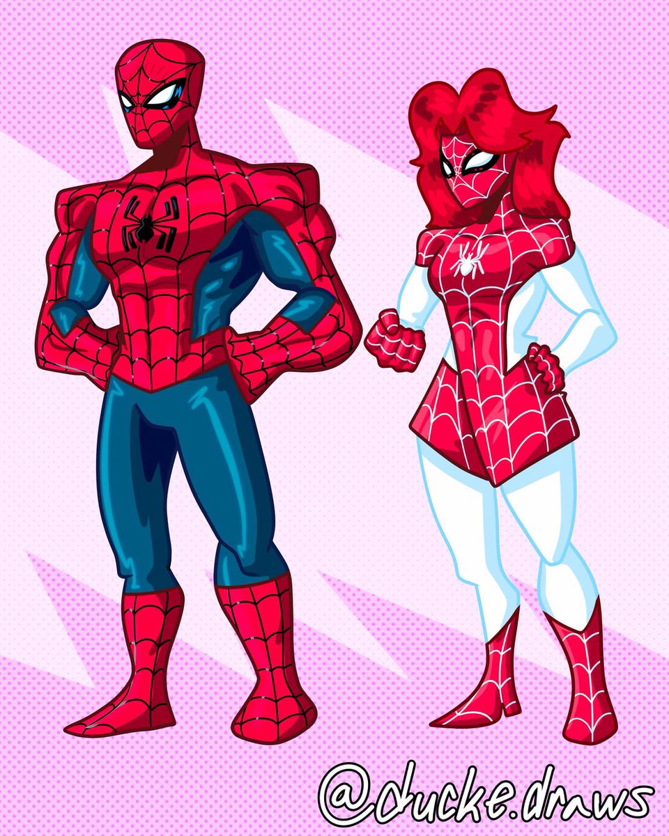 _Richval's tweet photo. Peter, MJ and Richard and Mayday by @/duck.draws on instagram link under the post.

I really like Spinneret and Spider-girl’s redesign here. https://t.co/FSzDzmWFFp