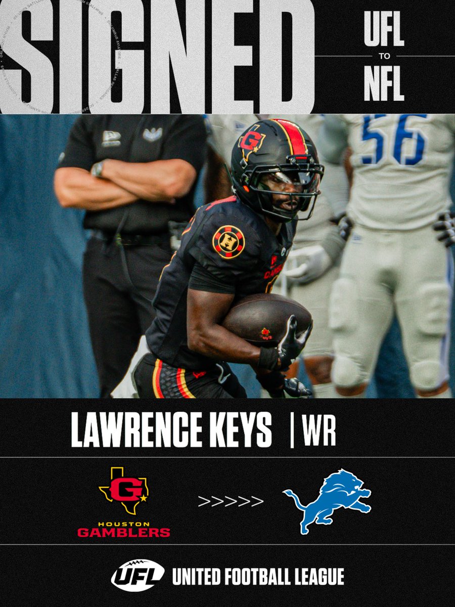 TheUFL's tweet photo. Another Gambler to the NFL 🎰

Lawrence Keys has signed with the Detroit Lions!

#UFLtoNFL https://t.co/YevIIkn0mA