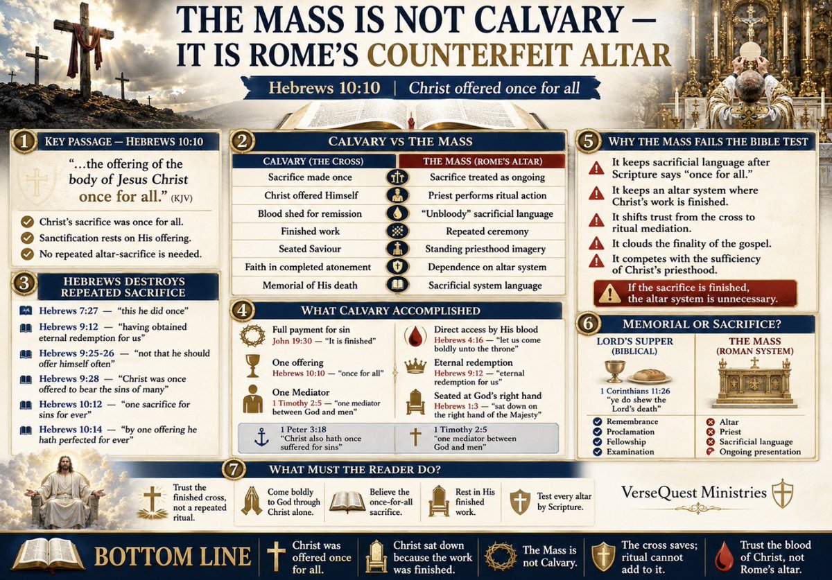 TNTJohn1717's tweet photo. 🚨‼️This chart lays out the Bible case from Hebrews 10 that Christ’s sacrifice was offered once for all. Calvary was bloody, historical, final, and sufficient. Jesus Christ offered Himself, finished the work, and sat down at the right hand of God because nothing else needed to be added.

The chart contrasts that finished cross with Rome’s Mass altar system: repeated sacrificial language, a standing priesthood, ritual dependence, and the idea that Christ’s sacrifice must be continually presented. The bottom line is plain: the cross saves; ritual cannot add to it. Trust the blood of Christ, not Rome’s altar.