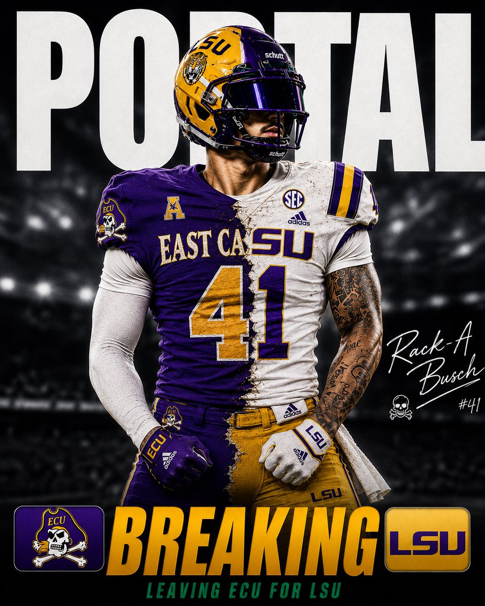 CFP_Update's tweet photo. ‼️BREAKING‼️
ECU’s star All-American Linebacker @Rack_aBusch announces he will be transferring to LSU #GeauxTigers https://t.co/pv7vDUuoUK