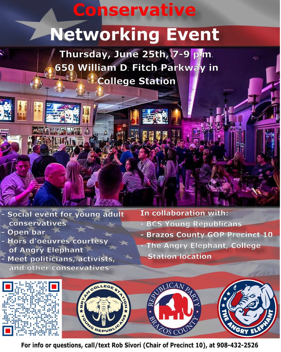 bryancstatyr's tweet photo. Howdy yall! We will be having our monthly open bar social on Thursday June 25th at 7 p.m. at the angry elephant in college station. Sign up at the link in the QR code or the link below 👇 https://t.co/r8Zq0wfdNe