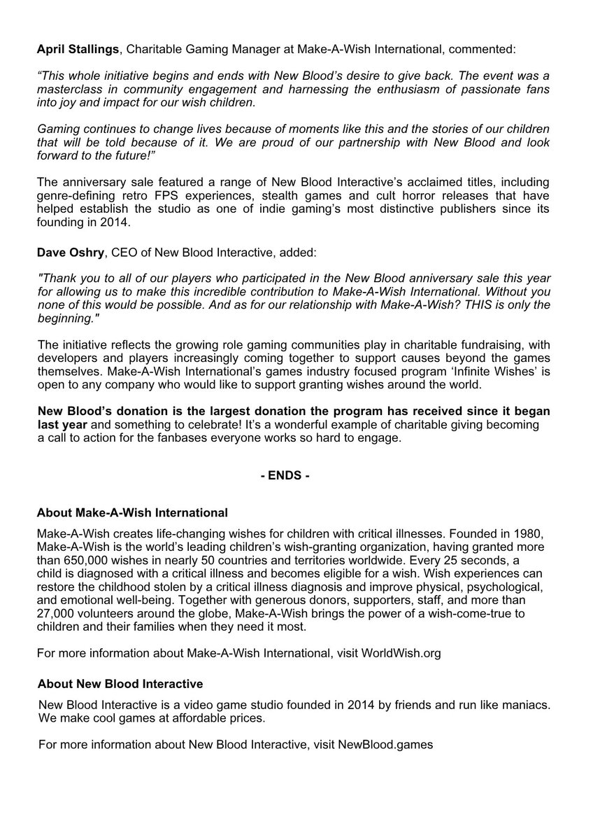 NewBlood's tweet photo. FOR IMMEDIATE RELEASE - New Blood Interactive makes record breaking donation to Make-A-Wish® International https://t.co/wqCxalu81U