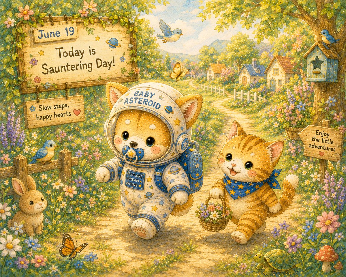 OG_BABY_BSC's tweet photo. 📅 June 19

Today is Sauntering Day! 🌼

A flower-filled path,
good friends by your side,
and all the time in the world. ✨

Let’s enjoy the little adventures. 💛

#BABYASTEROID #SaunteringDay #StorybookArt https://t.co/NDR1UN5fPG