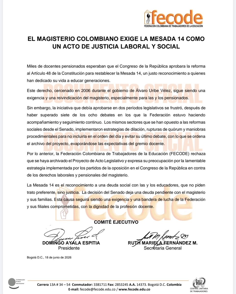 fecode's tweet photo. 📃Comunicado oficial 
📄El magisterio colombiano exige la Mesada 14 como un acto de justicia laboral y social
https://t.co/NTibCV3ThA https://t.co/C8oEYveUXD