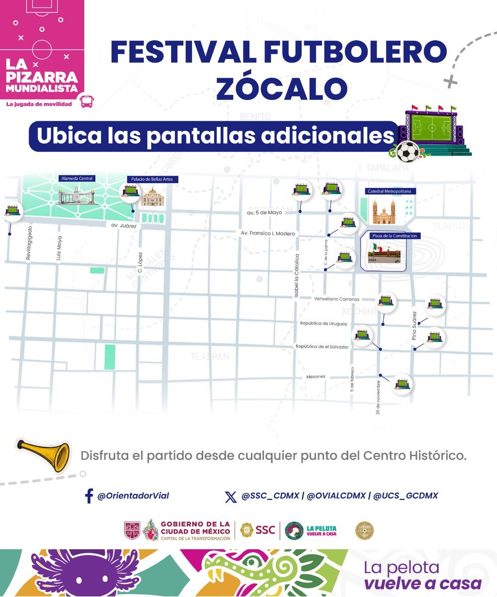 VenegasUrzua's tweet photo. El #FanFest del Zócalo está completamente lleno, por lo que, para evitar aglomeraciones, te recomendamos ubicar las pantallas adicionales para disfrutar del partido México Vs Corea.

La @SSC_CDMX nos comparte este mapa, ubica la más cercana y recuerda #LaPrevenciónEsNuestraFuerza https://t.co/e317rZ9HQj
