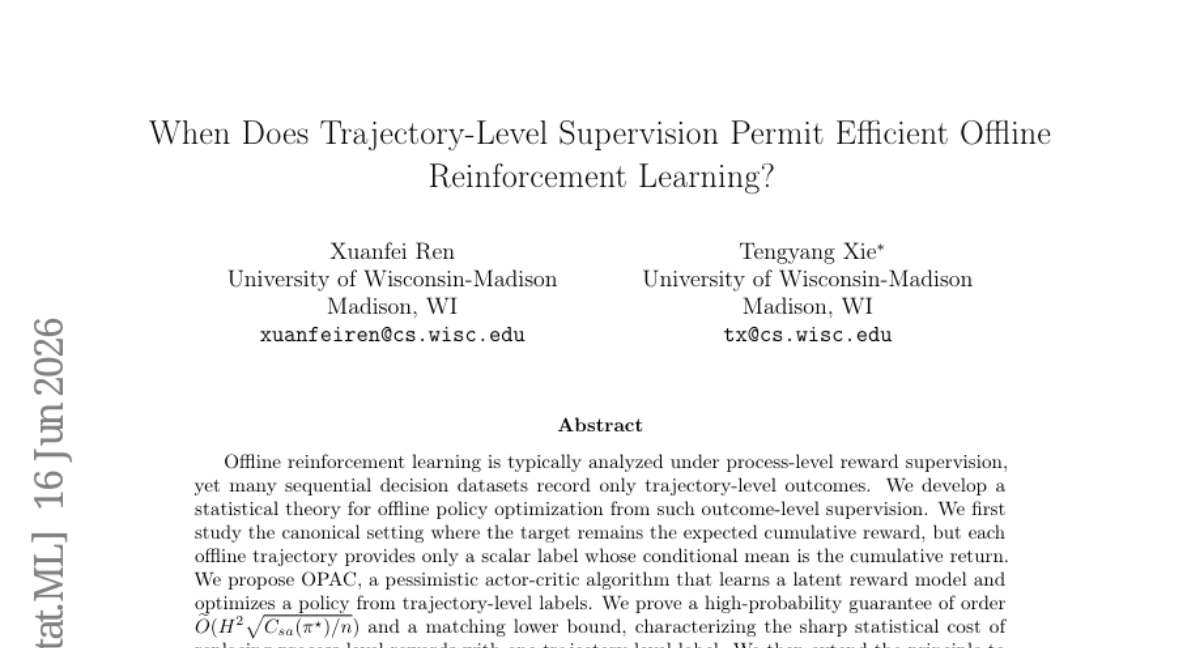 AINativeF's tweet photo. 11. When Does Trajectory-Level Supervision Permit Efficient Offline Reinforcement Learning?

🔑 Keywords: Offline reinforcement learning, Outcome supervision, Pessimistic actor-critic, OPAC, Sample efficiency

💡 Category: Reinforcement Learning

🌟 Research Objective:
   - To develop a statistical theory for policy optimization from trajectory-level outcome supervision in offline reinforcement learning, addressing challenges using a pessimistic actor-critic approach.

🛠️ Research Methods:
   - Introduced the OPAC algorithm which utilizes a latent reward model for optimizing policy via trajectory-level labels, and extended the method to preference-based feedback to uphold statistical guarantees.

💬 Research Conclusions:
   - Identified circumstances where outcome-level supervision is sample-efficient for offline control and formed conditions under which generalized outcome-based offline RL remains tractable, highlighting fundamental statistical barriers with missing process-level rewards.

👉 Paper link: https://t.co/QQlddw7uym