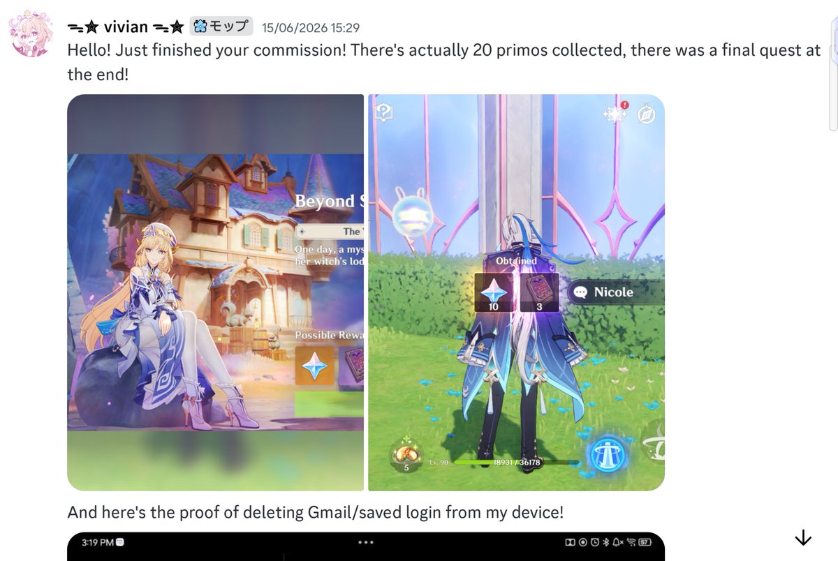 vivi_comms's tweet photo. 𐔌   .  ⋮  proof #19  .ᐟ  ֹ   ₊ ꒱
⤷ genshin impact
⊹ ⤷ nicole event quests https://t.co/2UBN4ovtbB