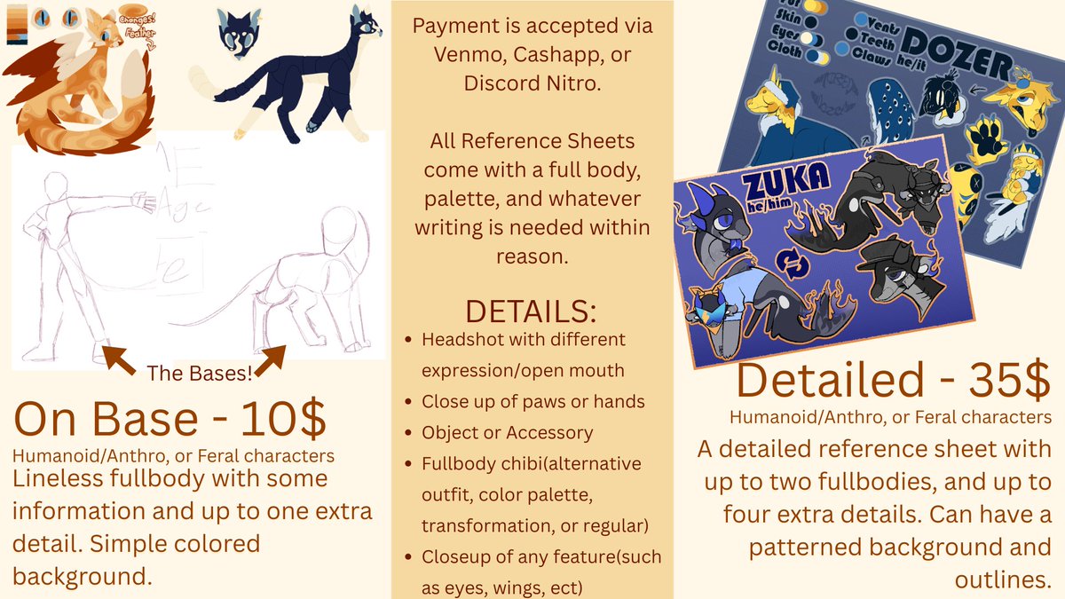 TiredDozer's tweet photo. Don't wanna do references for Artfight? Well I'm broke, so I do!  I'm doing cheap, lineless references for 10$ on-base, or more complex ones for 35$ with payment being via Venmo, Cashapp, or Discord Nitro! Just send me a DM on Discord(TiredDozer), and we'll discuss from there! https://t.co/WMNbX4Qtwp