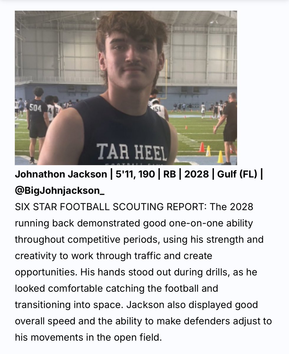BigJohnjackson_'s tweet photo. Thank you @sixstarfootball for the write up on my great experience at the @UNCFootball prospect camp! Check me out‼️

@SeanEperjesi @Belichick_B 
@PascoCountyFB @SuncoastPreps 
@coachmeans_20 @Tos93 
@PrepRedzoneFL @jmaisel5 
@Andy_Villamarzo @NP_Florida https://t.co/zuHuMjDhV7
