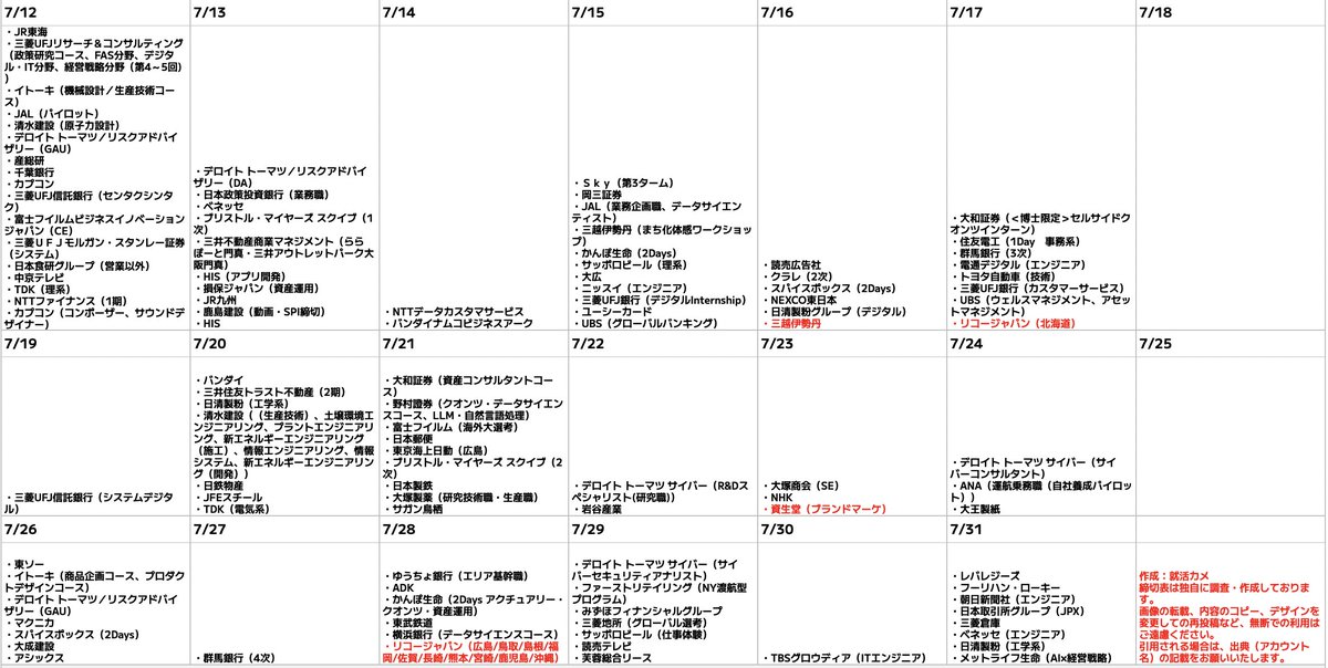syukatsukame's tweet photo. 6/19更新
【28卒：インターン締切カレンダー】

締切更新しました。先日の締切カレンダーから更新した企業は赤字で記載しています。

7月締切の企業も徐々に増えてきましたね。
この時期から面接も本格化してくるので、ES対策だけでなく、面接対策も同時並行で進めていくことが重要です。

毎年、「ESに時間を使いすぎて面接対策が後回しになる…」という就活生が多いので、ES対策はもちろん、面接練習も始めていきましょう！
1人で就活を進めるのは非効率的なので、以下のような就活サービスを積極的に活用することをおすすめします！

👇ES添削、面接・GD対策などサマーインターンの対策ができる就活サービス（全コンテンツ無料）

ビハインドサロンが超おすすめ。
学生メンターへの個別相談（ES添削・面接対策など）、就活対策イベント（GD練習会など）、就活生同士の面接・GD練習など全てのコンテンツが無料で使えます。
↓ビハインドサロンについて
https://t.co/2bxr5x8Zls