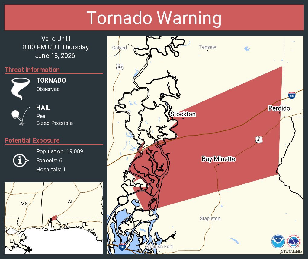 spann's tweet photo. New tornado warnings issued for separate circulations across northern Baldwin County. Live coverage continues on the Alabama Weather Network https://t.co/jwdz83ZKzV