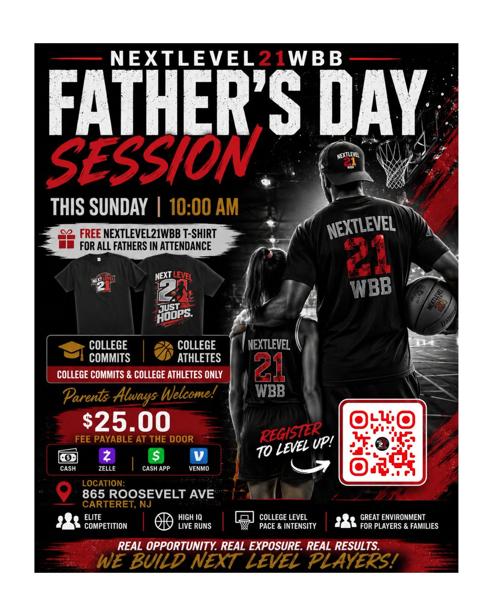 NextLevel21WBB's tweet photo. This Sunday is about basketball, but it's also about appreciation. Every father in attendance will receive a👕 FREE T-Shirt as our way of saying thank you.
🏀 College Commits &amp; College Athletes Only
⏰ Sunday • 10:00 AM
📍 865 Roosevelt Ave, Carteret, NJ
💲 $25 at the Door https://t.co/Bi4eillXzQ