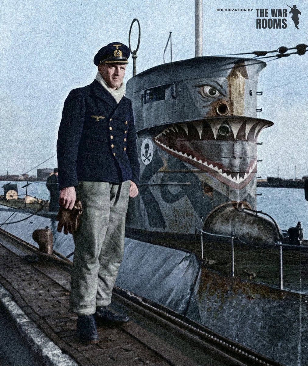 HiddenHistoryYT's tweet photo. A Kriegsmarine officer stands on the deck of U-25 displaying the distinctive shark mouth painted on the submarine’s conning tower during the early years of World War II.

Around 2 August 1940, while on a mine-laying mission near Norway, U-25 passed through British minefield Field No. 7, striking a mine. The boat sank, taking all 49 hands with it