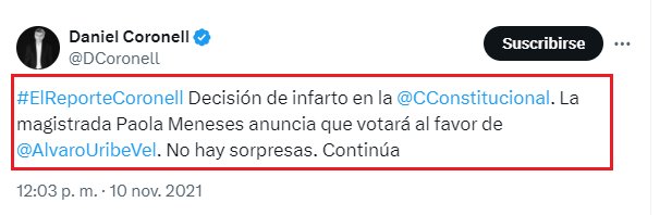 isamg6's tweet photo. Para la memoria histórica del país:

Presuntamente desde la Corte Suprema le filtraban información a Coronell sobre el caso del presidente Uribe. 

De hecho, el 10 de noviembre de 2021, día en el que magistrados tomaban la decisión frente a la tutela en el caso del presidente @AlvaroUribeVel ,  Daniel Coronell realizó  22 trinos describiendo lo que sucedía al interior del recinto, fue una transmisión casi que en tiempo real, sabía quiénes intervenían y en el sentido en el que lo hacían, promoviendo sus publicaciones a través de sus redes.