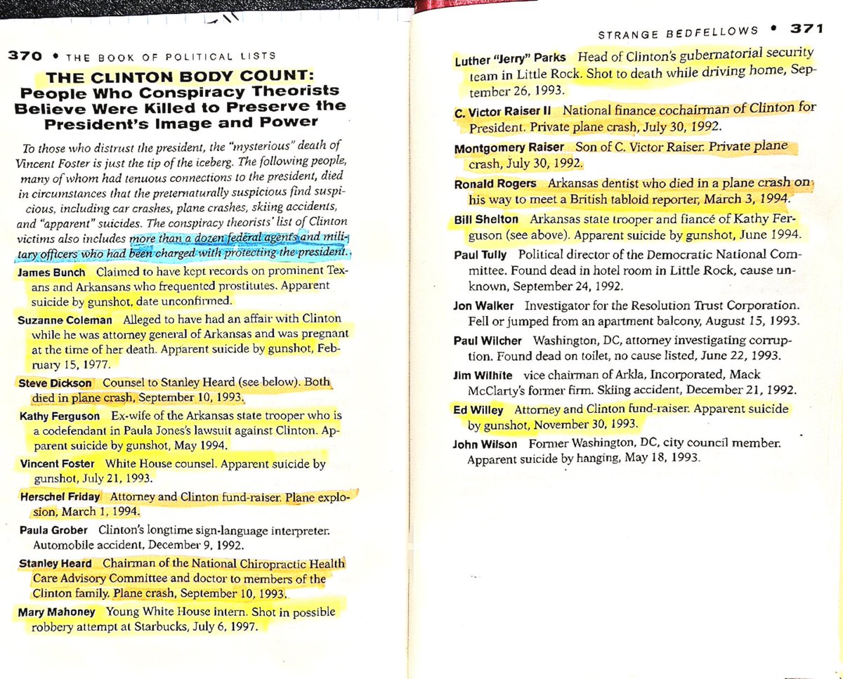 BradCGZ's tweet photo. In 1998 JFK Jr. put the Clinton Body Count in print.

It was a 2 page layout featured in George Magazine's "BOOK OF POLITICAL LISTS"

Just 1 year later, while thinking about running for the very senate seat Hillary Clinton was eyeing in NY, his plane went down, killing him. 

Some think his name should be added to it. Thoughts?