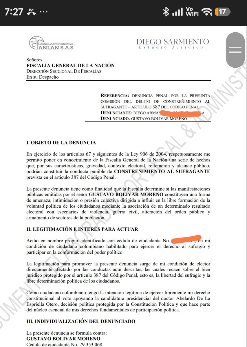 DIEGO_UREX's tweet photo. @GermanCalderonE Acabo de radicar ante la Fiscalía General de la Nacióndenuncia penal contra @GustavoBolivar Ningún colombiano debe votar bajo escenarios de miedo, amenazas o anuncios de violencia asociados a una elección. https://t.co/sHCY09iK9V