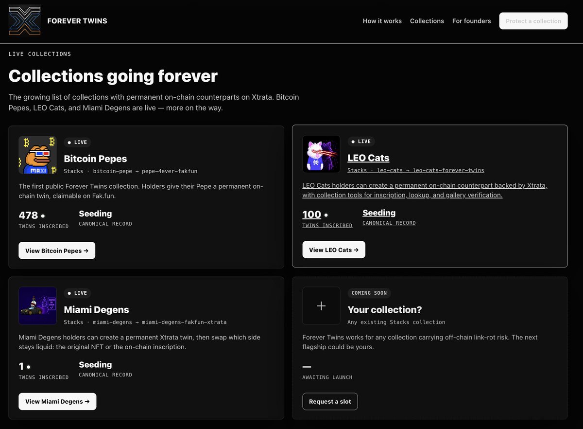 XtrataLayers's tweet photo. Forever Twins are taking shape

3 collections are live with dedicated pages for permanent Xtrata twins:

🐸 Bitcoin Pepes
🐱 Leo Cats
🏎️ Miami Degens

The idea?

Give NFT collections an on-chain twin that does not rely on fragile links or suffer link rot.

https://t.co/JRvQt254Hi https://t.co/DoBO3g1nDh