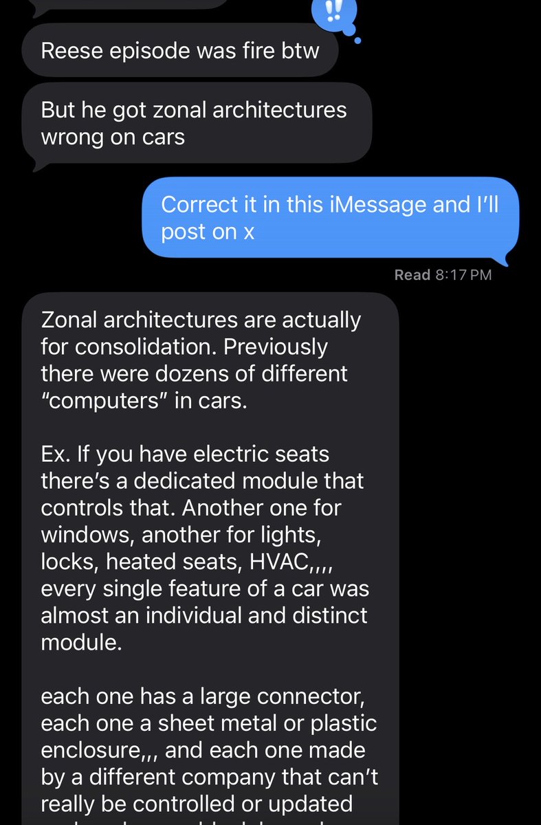 internetvin's tweet photo. “Zonal architectures are actually for consolidation. Previously there were dozens of different “computers” in cars.

Ex. If you have electric seats there’s a dedicated module that controls that. Another one for windows, another for lights, locks, heated seats, HVAC,,,, every single feature of a car was almost an individual and distinct module.

each one has a large connector, each one a sheet metal or plastic enclosure,,, and each one made by a different company that can’t really be controlled or updated and works as a black box where the car maker can’t actually change the behavior in anyway or write the software for it.

The “zonal” thing is about consolidating these dozens of modules into 1-3 larger modules that do more on the car, and yes its a space saving, simplifying step for assembly, but the biggest thing is the sort of “vertical integration” that happens where the ownership of the modules becomes vertical, and the car maker can actually change the behavior of the vehicle, write their own software, and push updates that can change the behavior or the WHOLE 

Before if for example your Toyota got an over the air update it was only the media player or navigation unit that they were actually updating. If they needed to update maybe the body controller, or the engine control it would need to come in, get plugged into a dedicated computer and updated that way.

My bad.”

@_one334